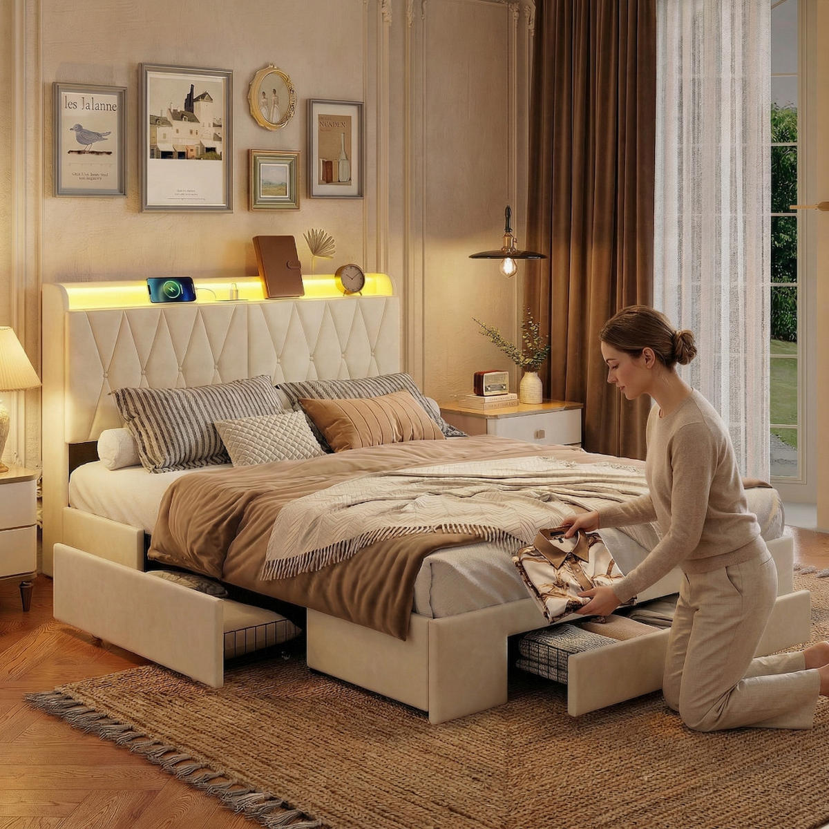 POLSTERBETT 140x200 cm mit 4 Schubladen LED und Ladestation - Beige, Holz (140/200cm) - PARAFTA HOME