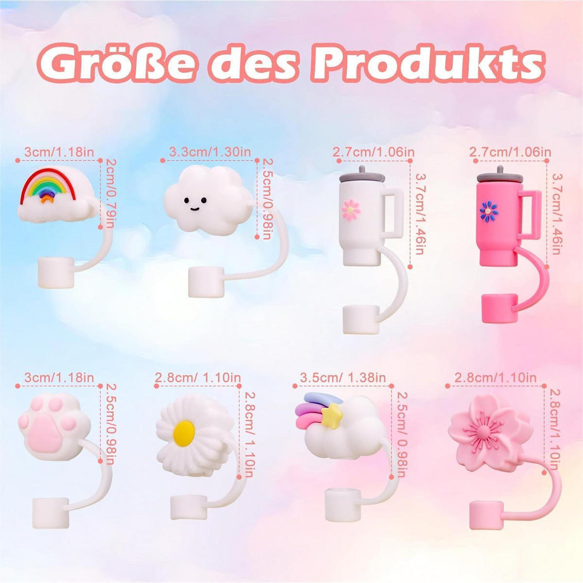 STROHHALM Abdeckung 8-teiliges Set Silikon für Stanley Cup - Multicolor, Kunststoff (3.3/2.5/3.7cm)