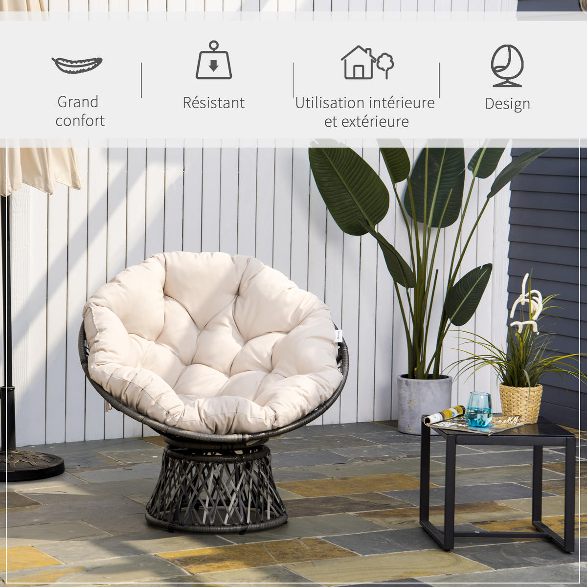 GARTEN-RELAXSESSEL DE-13564 360° drehbar, Ø97x90cm Creme - Creme, Metall (87/90/97cm) - ComfortXL