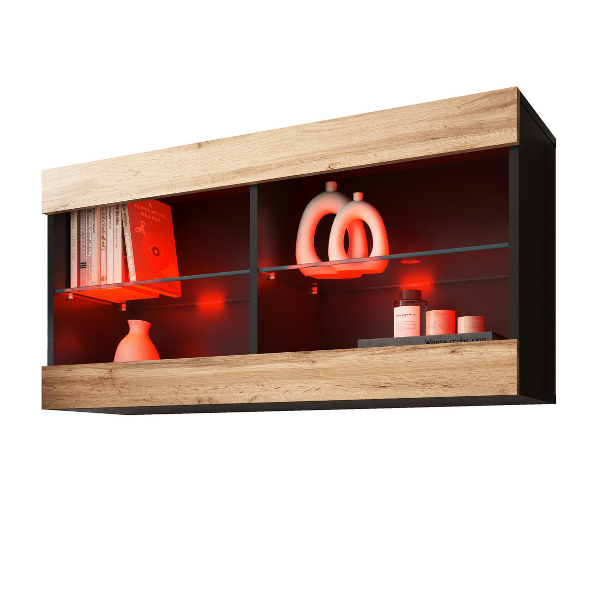 HÄNGEVITRINE TIVOLI HORIZONTAL 100, Wotan, LED Mehrfarbige - Eiche Wotan/Schwarz, Glas/Holzwerkstoff (100/50/29.5cm) - Komodee