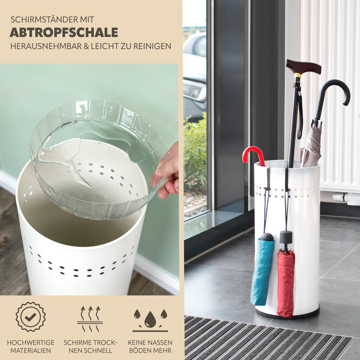 SCHIRMSTÄNDER, mit Abtropfschale, Metall, weiß - Weiß, Metall (22/50.5/22cm) - bremermann