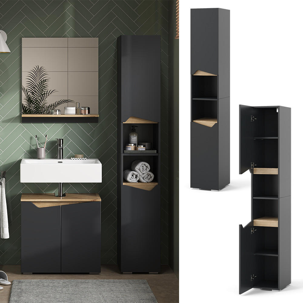 BADSCHRANK Marelle Anthrazit 30 x 180 cm mit Türen und offenen Fächern - Anthrazit, Holzwerkstoff (30/180/35cm) - Vicco