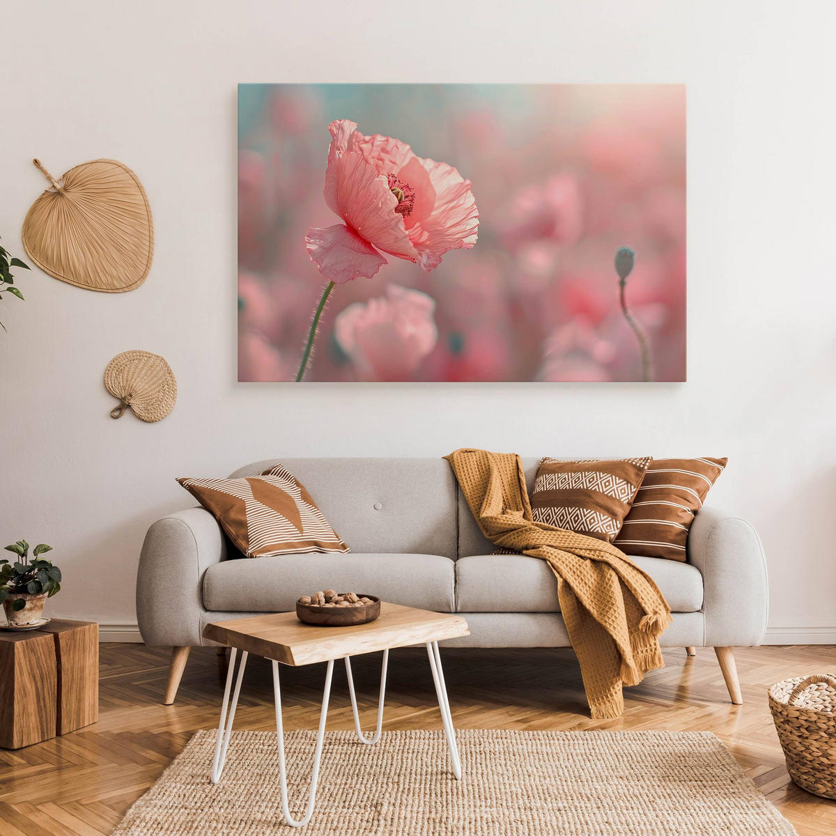 LEINWANDBILD für Wohnzimmer Mohnblumen Pflanzen Natur 120cm x 80cm - Blau/Rosa, Textil (120/80cm) - Muralo