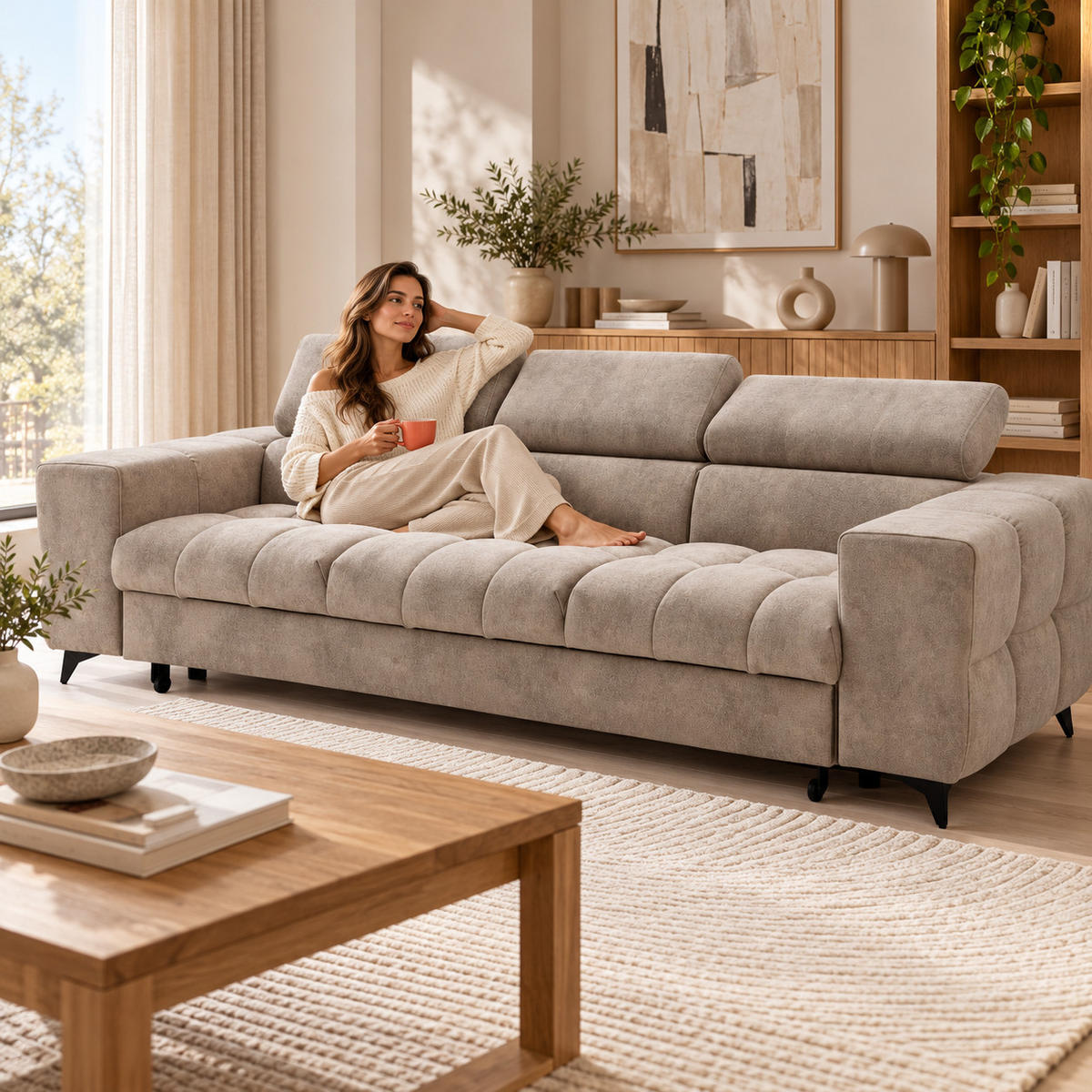 3-SITZER Sofa PUDDING mit Schlaffunktion 127x190 Velours Beige - Beige/Schwarz, Holz/Textil (260/90/100cm) - Muffo