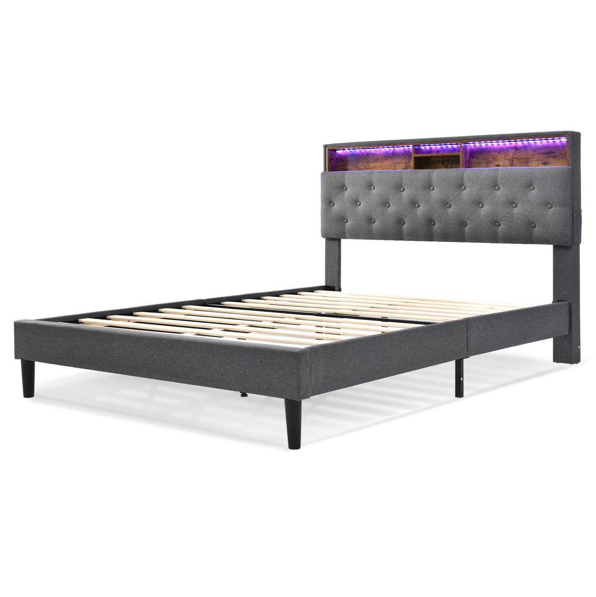 POLSTERBETT 140/200 cm Grau mit Stauraum-Kopfteil und LED-Beleuchtung Mit Matratze - Dunkelgrau, Holz (140/200cm) - OKWISH