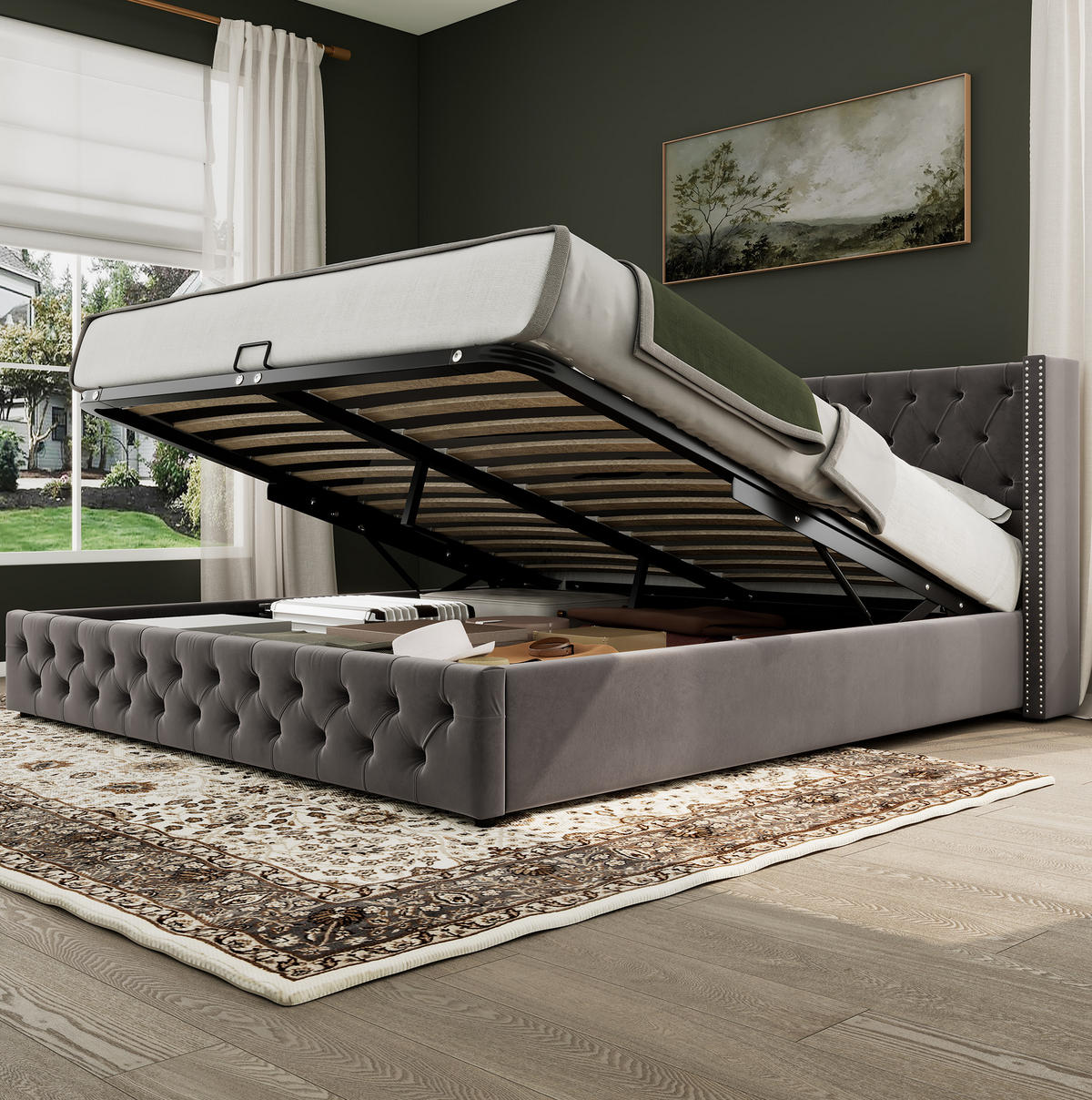 POLSTERBETT 180/200 cm mit hydraulischem Bettkasten, Chesterfield-Design, Samt Grau - Grau, Textil (180/200cm) - Redom