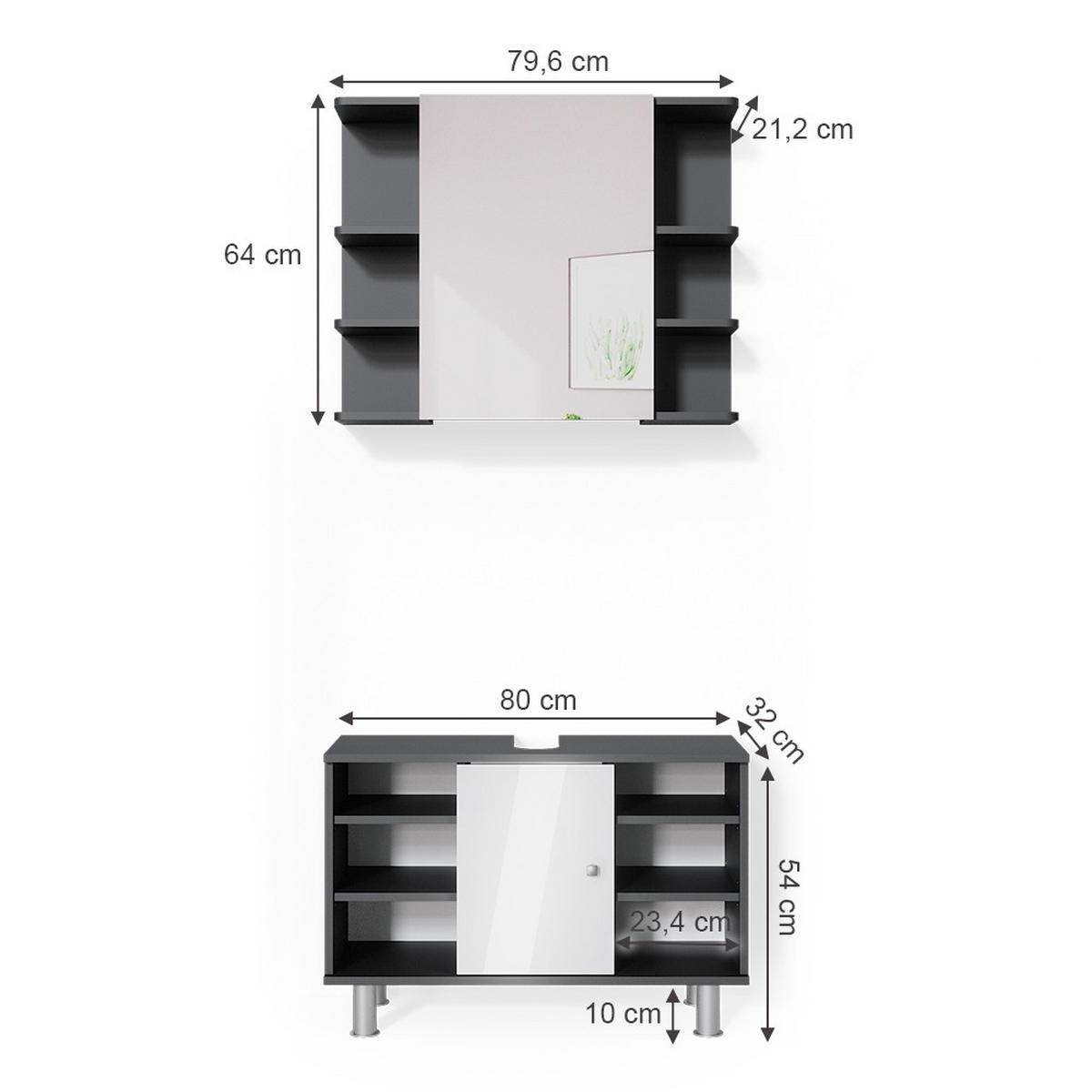 BADMÖBEL-SET Fynn Anthrazit 2 Teile, Unterschrank 80 cm - Anthrazit/Weiß, Holzwerkstoff (60/54/32cm) - Vicco