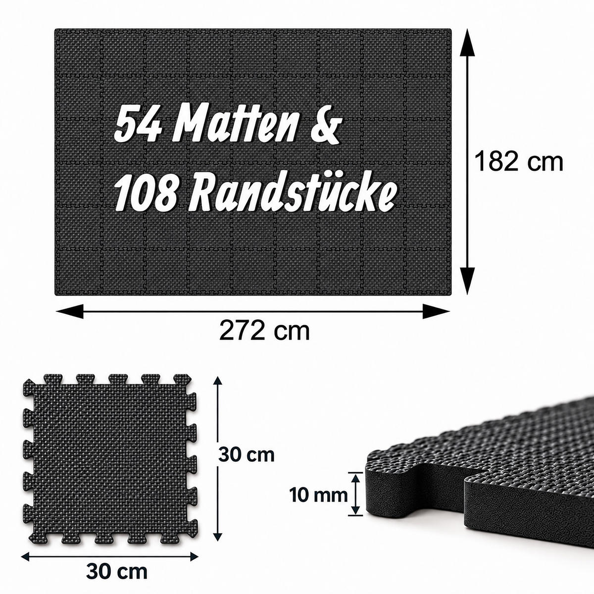 BODENSCHUTZMATTE Schwarz 54er-Set 30x30 cm - Schwarz, Textil (30/30cm) - Relaxdays