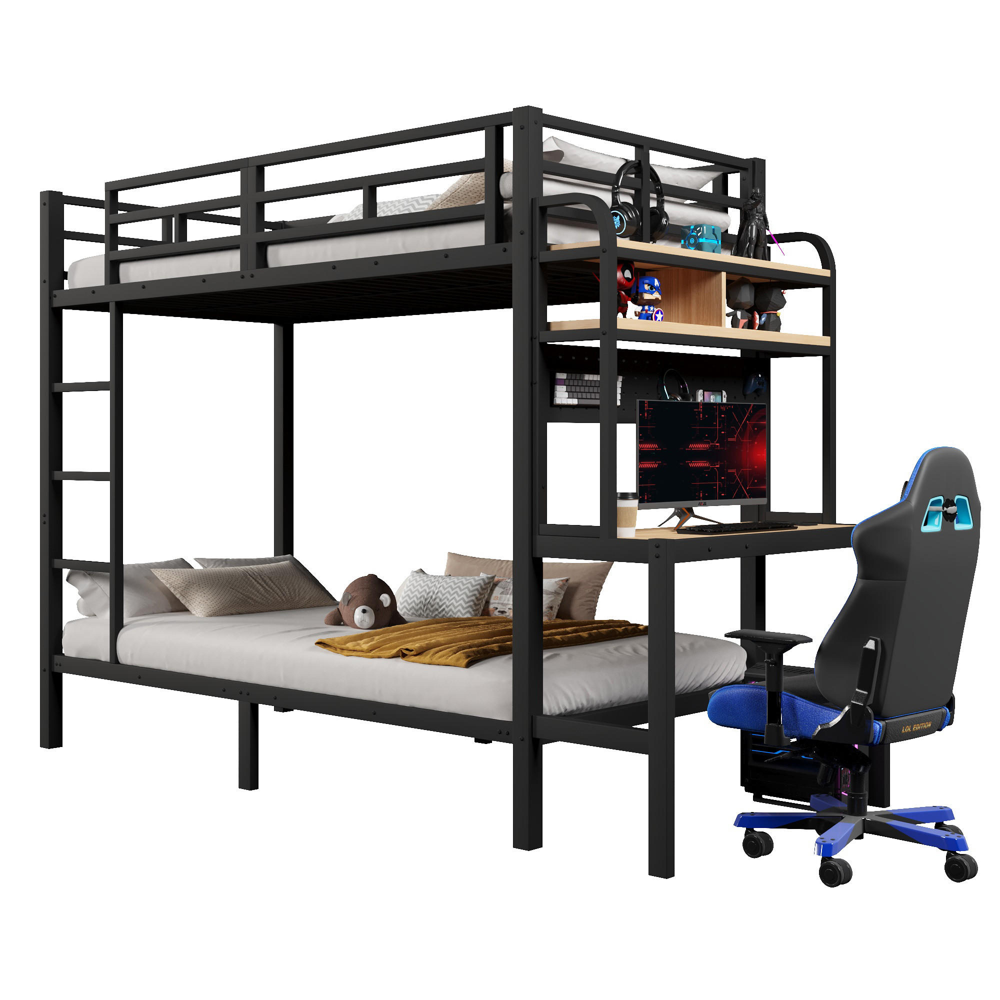 ETAGENBETT 90/200 cm in Schwarz mit Schreibtisch, Ablage, LED und USB - Schwarz, Holzwerkstoff/Metall (90/200cm) - STILVORA