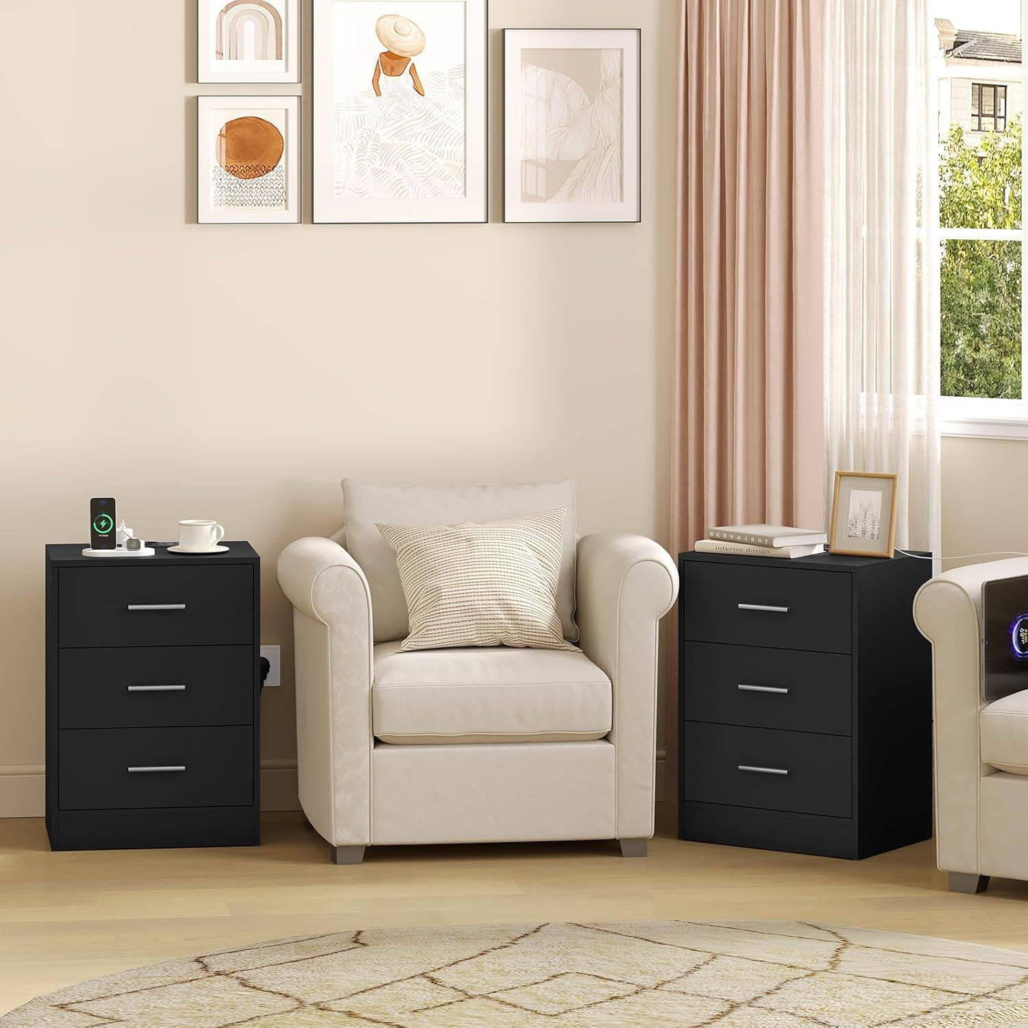 NACHTTISCH 2er Set, Beistelltisch mit Ladefunktion, Schwarz - Schwarz, Holzwerkstoff (39/54/28cm) - Woltu