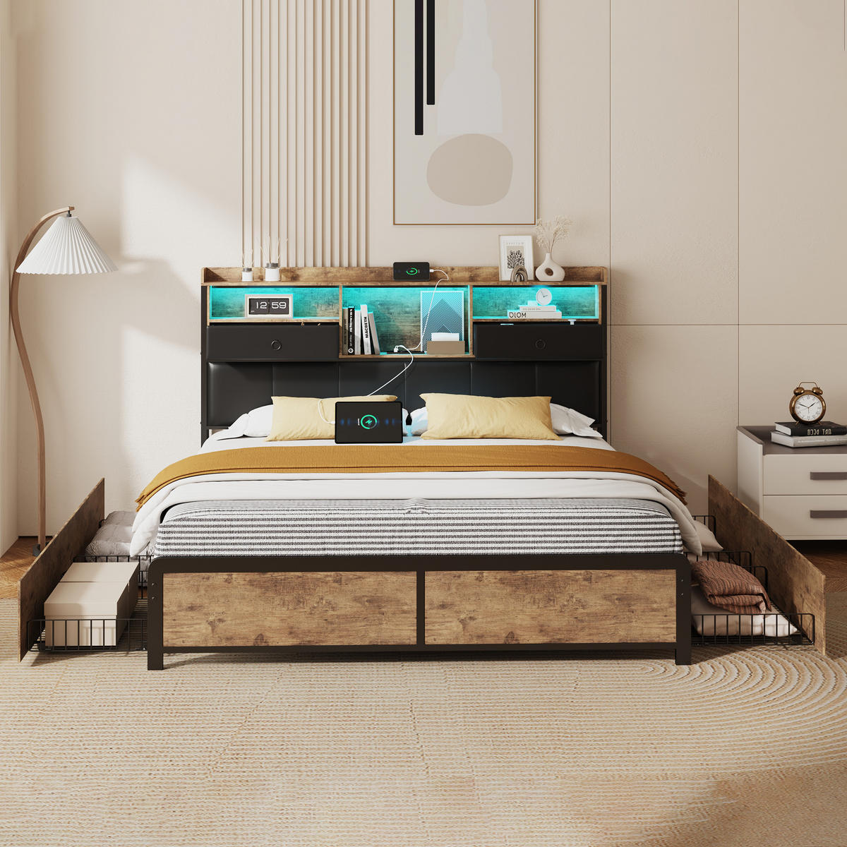 POLSTERBETT mit Schubladen und LED Metallrahmen Doppelbett - Schwarz, Holz (140/200cm) - PARAFTA HOME