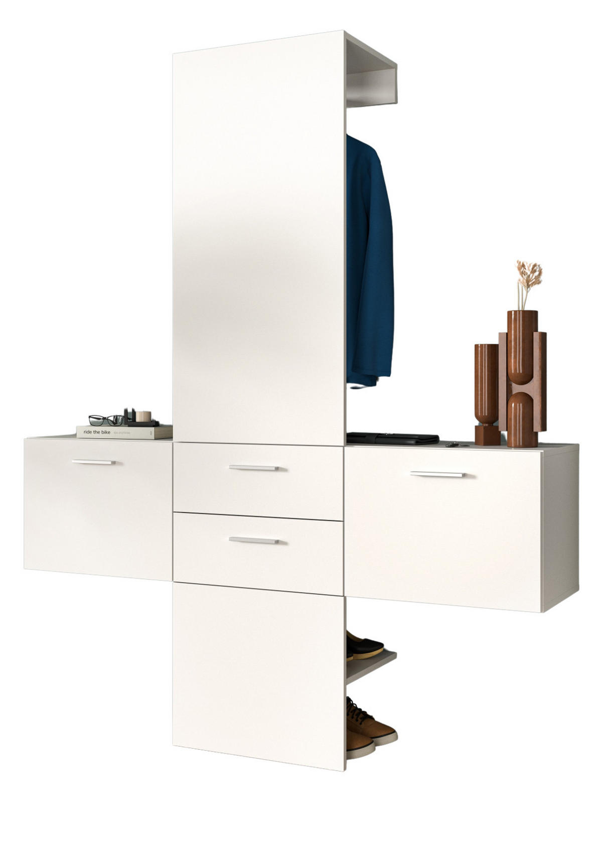 GARDEROBE Set 3-teilig weiß 156 cm, Komplettset mit viel Stauraum - Silberfarben/Weiß, Glas/Holzwerkstoff (156/190/36cm) - Inn.Furn