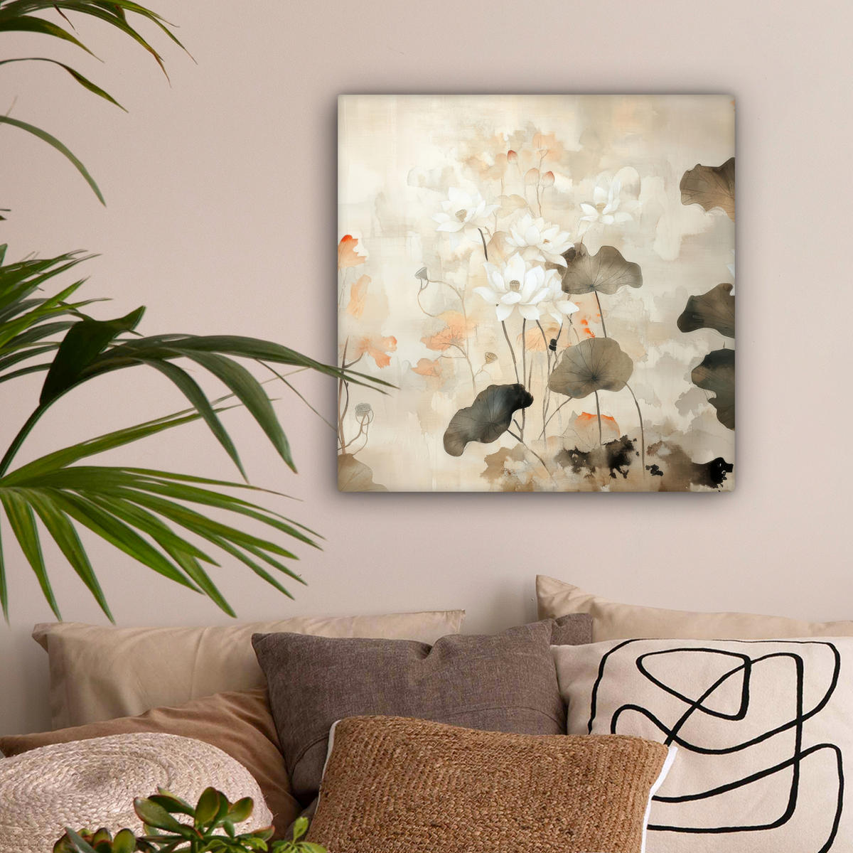 LEINWANDBILD Blumen - Japandi - Wabi sabi Wandbild Wohnzimmer 50x50 cm - Sandfarben, Textil (50/50cm) - MuchoWow