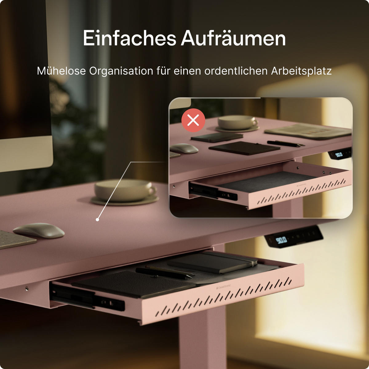 SCHUBLADEN-ORGANIZER unter dem Schreibtisch, 41x27x5cm Rosa - Pink, Metall (41/27/5cm) - Desktronic