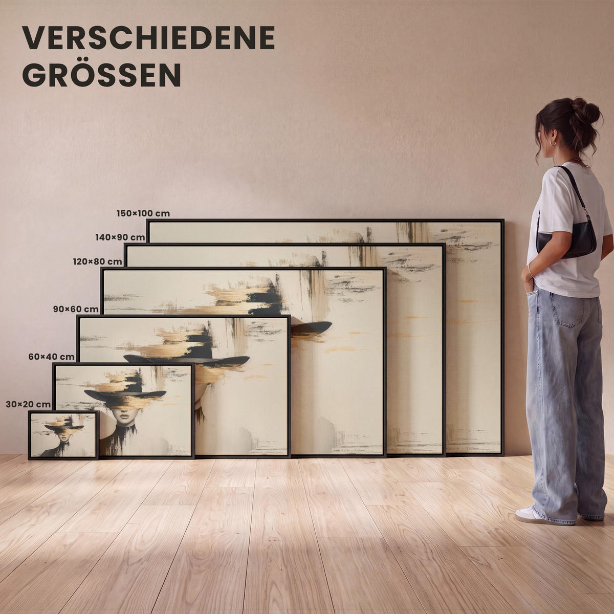 LEINWAND Bilder mit Rahmen - Frau - Hut - Farbe - 120x80 - Goldfarben, Textil (120/80cm) - MuchoWow