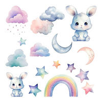 WANDAUFKLEBER 60x80cm - Niedliche Häschen am Himmel - Multicolor, Kunststoff (60/80/0.1cm) - Wallfluent