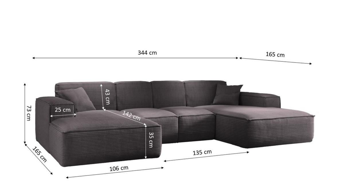 ECKSOFA, Eckcouch U form, Wohnzimmer Couch Large 342cm SIENA stoff Poso Dunkelgrau - Dunkelgrau, Holz/Textil (344/165cm) - Kaiser Möbel