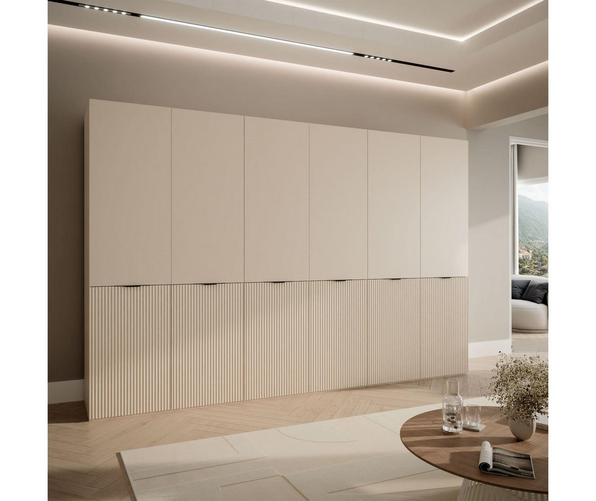 KLEIDERSCHRANK SANDBOX KASHMIR 300 303/49/200 cm Kaschmir / Kaschmir mit LED 12 Zusatzböden - Kaschmir/Schwarz, Holzwerkstoff/Kunststoff (303/200/49cm) - Lookway