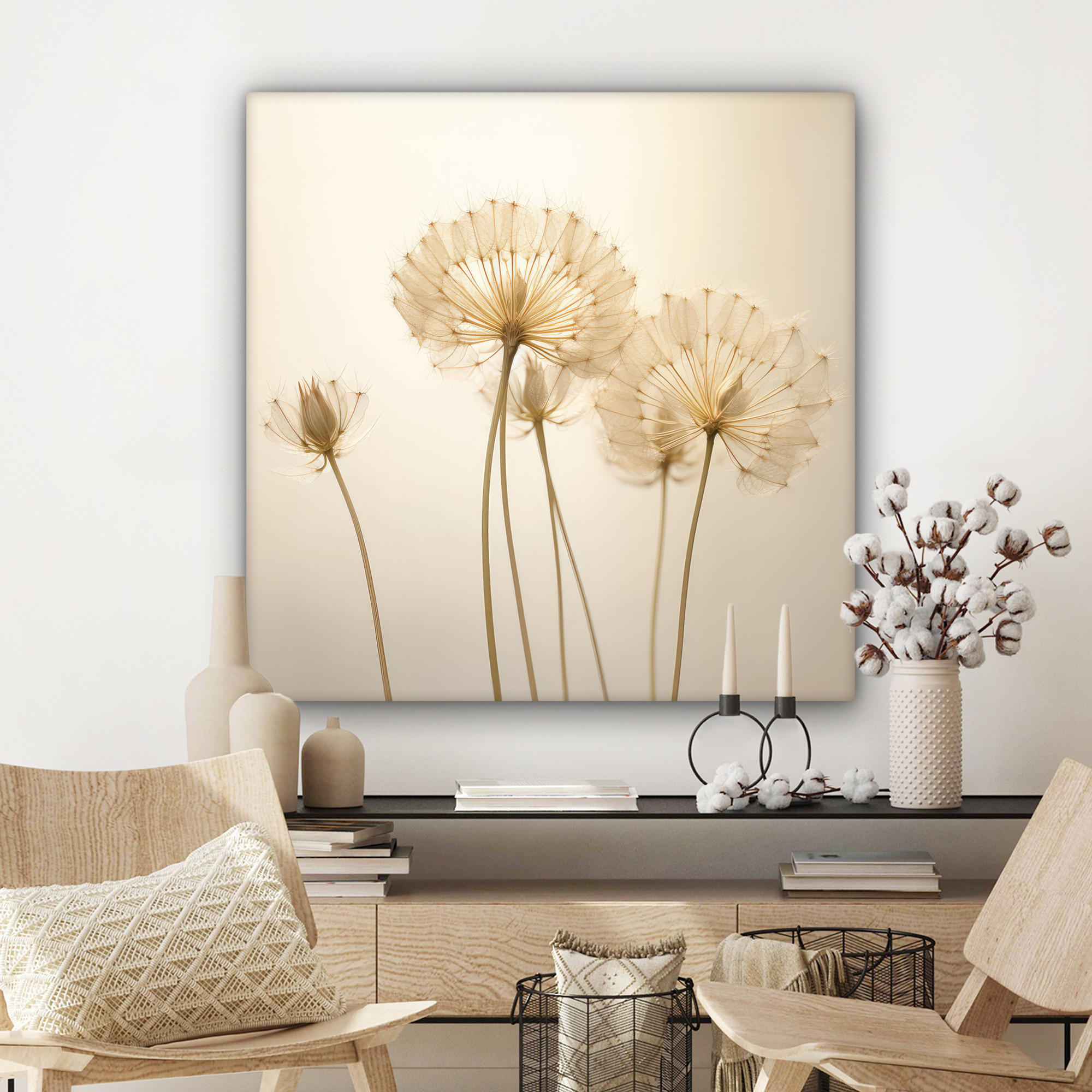 LEINWANDBILD Sonnenlicht - Löwenzahn - Botanisch - Blumen 90x90 cm - Creme, Textil (90/90cm) - MuchoWow