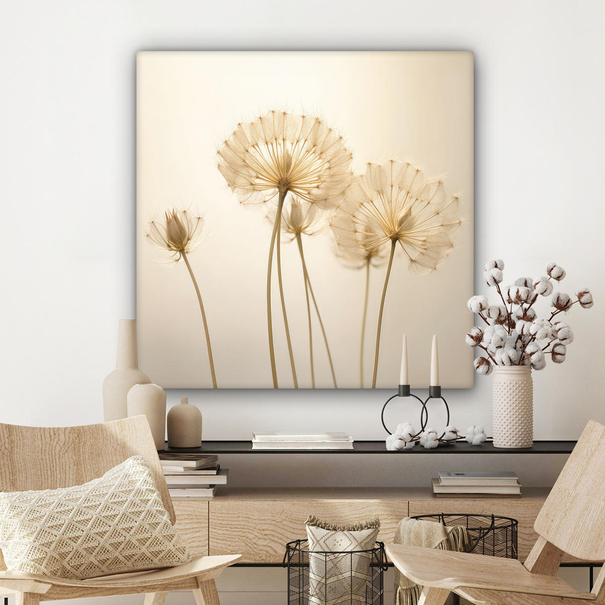 LEINWANDBILD Sonnenlicht - Löwenzahn - Botanisch - Blumen 90x90 cm - Creme, Textil (90/90cm) - MuchoWow