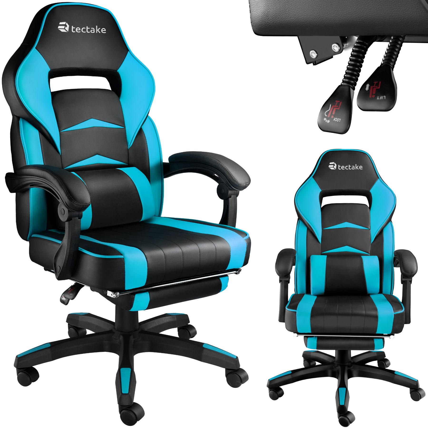 BÜROSTUHL Racing Comodo, Belastbarkeit 120 kg,schwarz/azur - Schwarz/Hellblau, Textil (70/127.5/69cm) - tectake