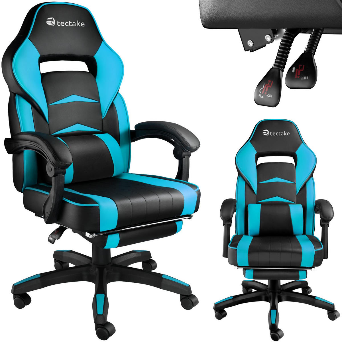 BÜROSTUHL Racing Comodo, Belastbarkeit 120 kg,schwarz/azur - Schwarz/Hellblau, Textil (70/127.5/69cm) - tectake