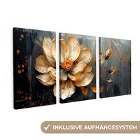 OBRAZ NA PLÁTNĚ 3dílná sada Květina - Zlato - Abstraktní - Malba 120x60 cm - krémová, textil (120/60cm) - MuchoWow