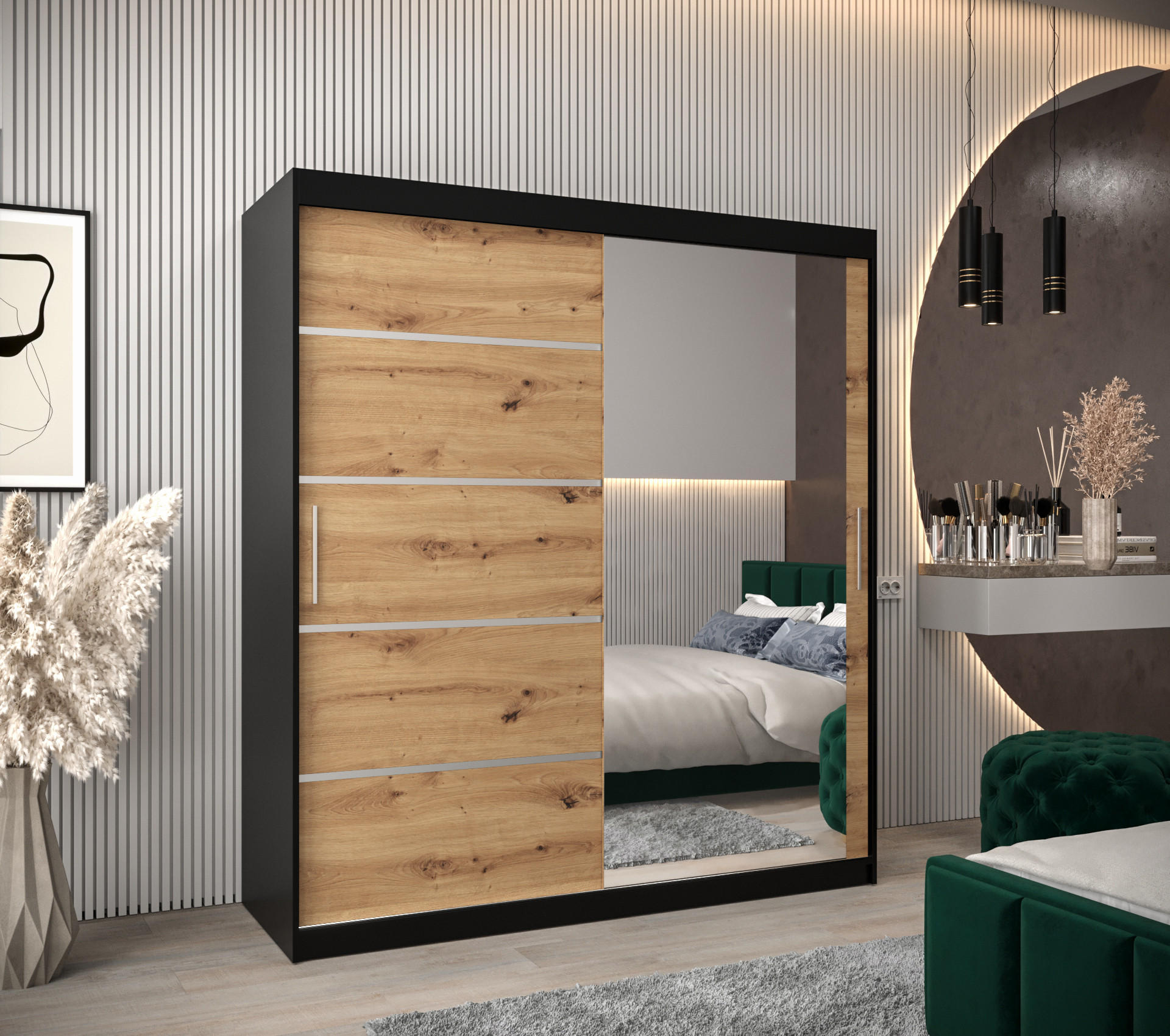 SCHWEBETÜRENSCHRANK 200/180/62 2-türig - Silberfarben/Schwarz, Holz/Kunststoff (180/200/62cm) - Abiks Möbel