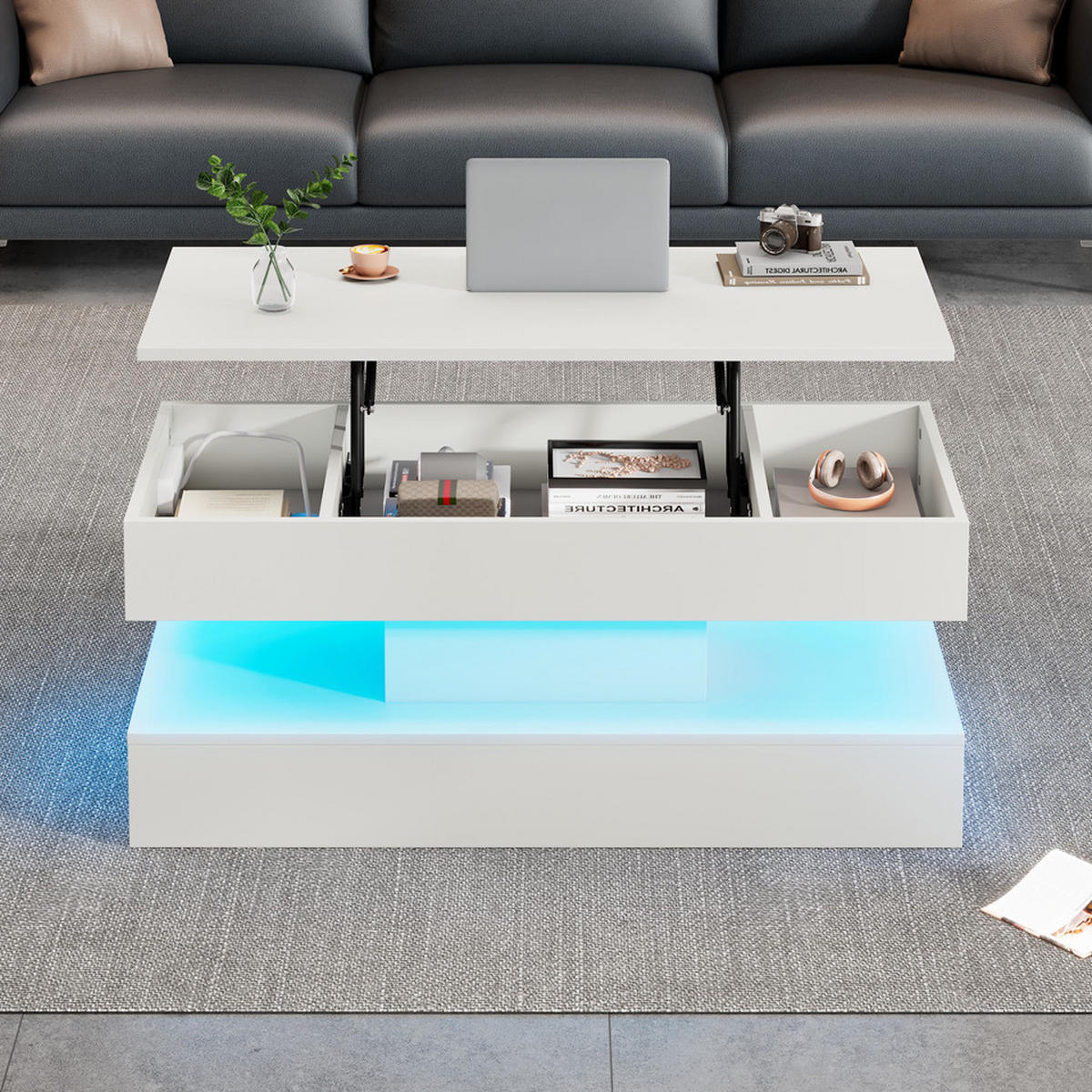 COUCHTISCH höhenverstellbar 50 kg Tragkraft 100 cm Stauraum Lift-Top Spanplatte modern - Weiß, Holzwerkstoff (100/50/42cm) - EVRYAE