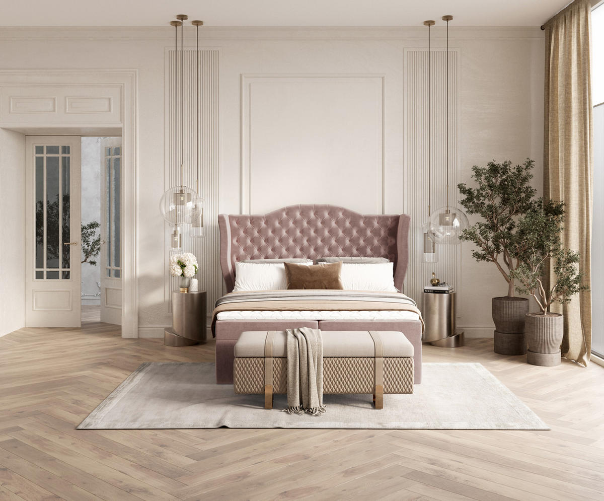 BOXBETT Royal Rosa 160/200 cm im Samtstoff - Pink/Schwarz, Holz/Holzwerkstoff (160/200cm) - Maison de Reve