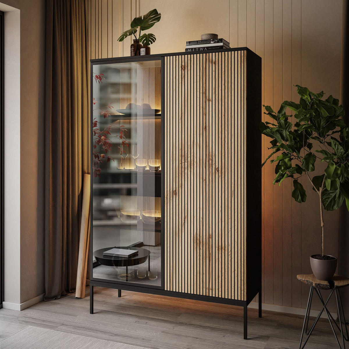 HOHE Vitrine ECLIPSE WTSZ104 mit Beleuchtung,Schwarz Eiche Wotan - Eiche Wotan, Holzwerkstoff (104/166/39cm) - Lookway