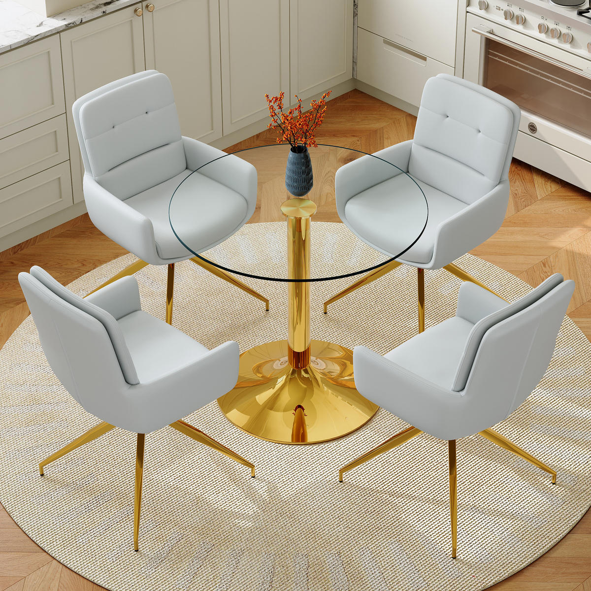 ESSGRUPPE DE-39476 5-teilig, Glastisch und 4 Drehstühlen mit Knopfverzierung Hellgrau - Hellgrau, Metall (85/75/85cm) - ComfortXL