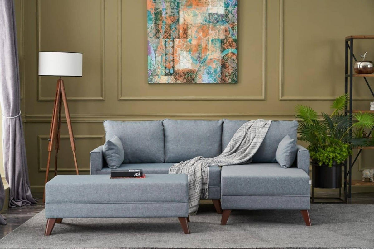 ECKSOFA mit Hocker als Schlaffläche, perfekt für kleine Räume - Blau/Walnussfarben, Holz/Kunststoff (140/205cm) - myHomelando