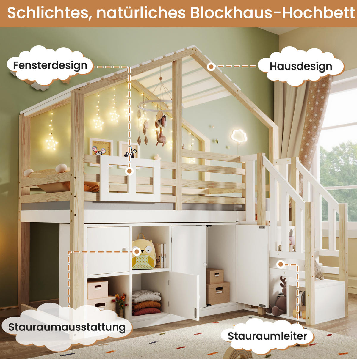 HOCHBETT 90/200 cm aus Kiefernholz mit Bettgitter und Stauraumleiter, Weiß - Weiß, Holz (90/200cm) - OKMYHOME