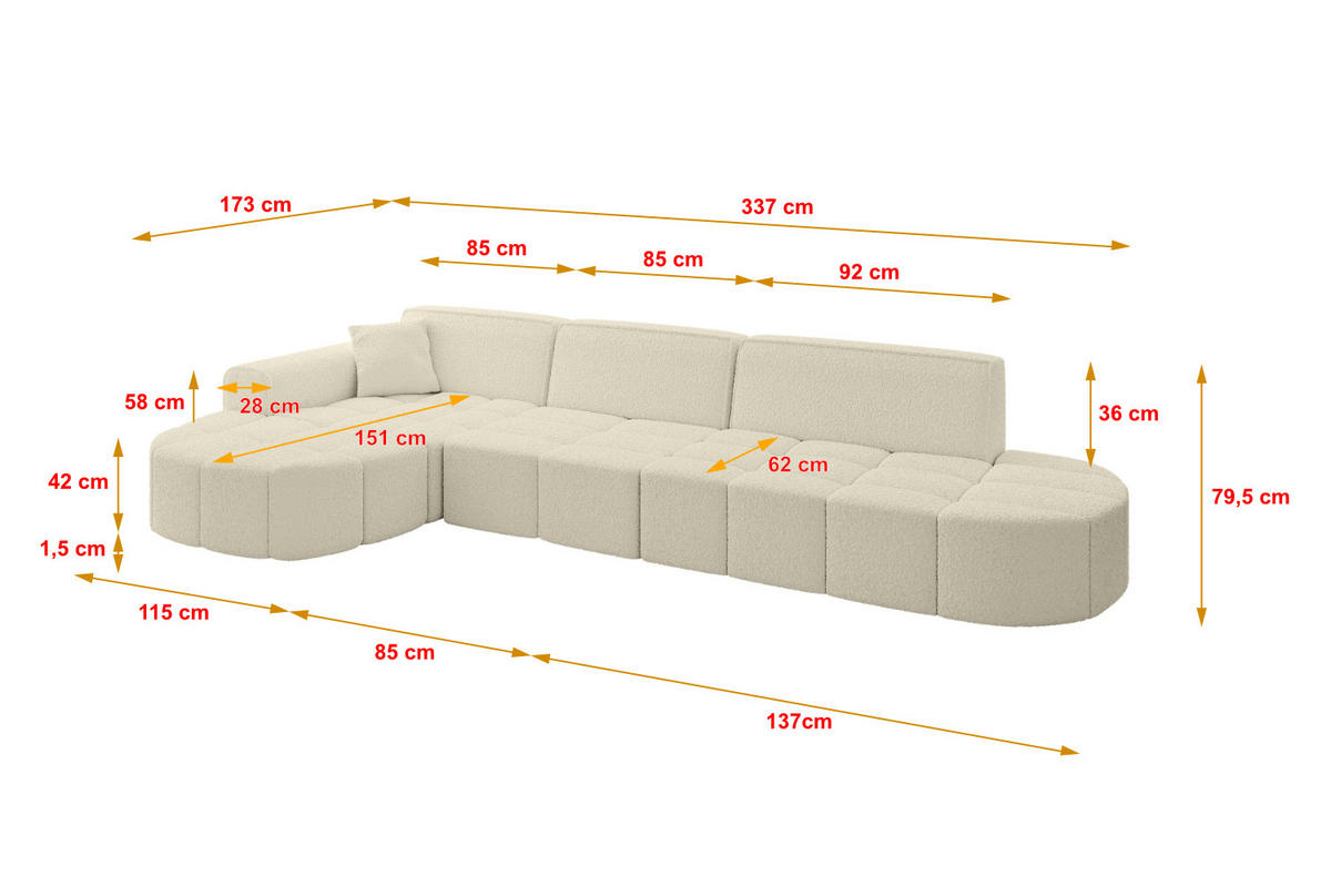 ECKSOFA Ottomane Links LIVO-L2 - 337x173x79,5 cm Beige - Beige, Holzwerkstoff/Textil (337/173cm) - ALTDECOR