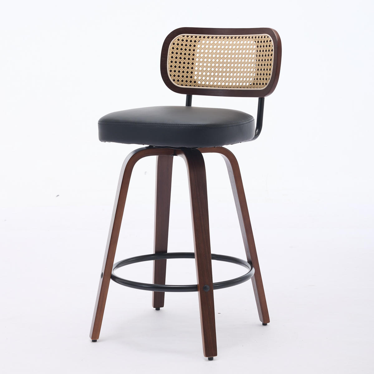 BARHOCKER 2er-Set drehbar mit Rattanlehne, Walnuss/Schwarz - Schwarz, Kunststoff (56/90/43cm)