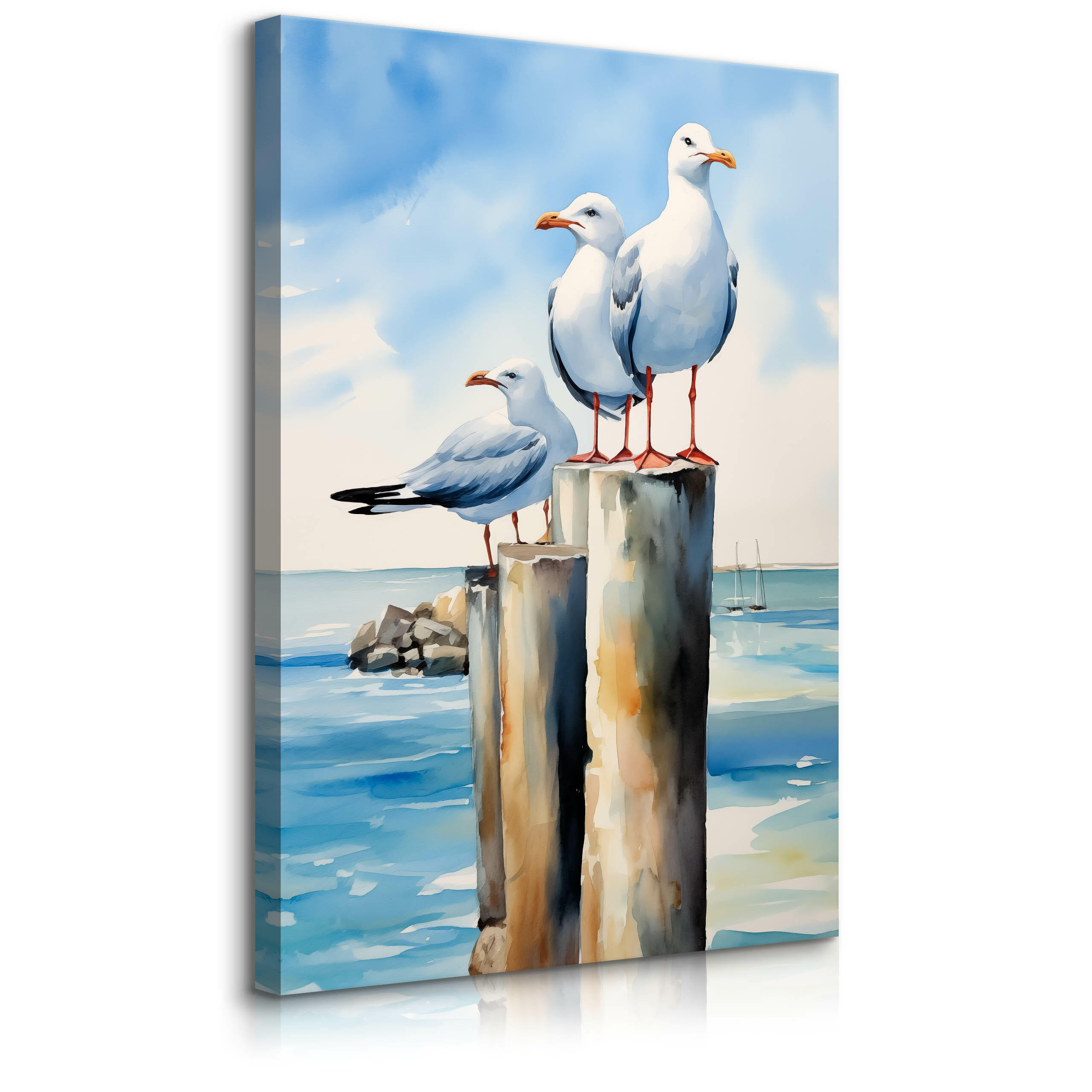 LEINWANDBILD Abstrakte Möwen Meer 80x120 cm - Blau/Beige, Textil (80/120cm) - Muralo