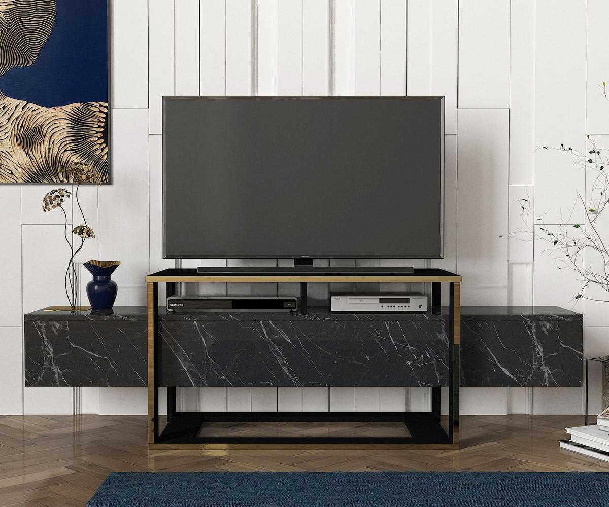 TV-LOWBOARD Bianco Marmor Optik - Schwarz, Holzwerkstoff (160/49.8/46.1cm) - moebel17