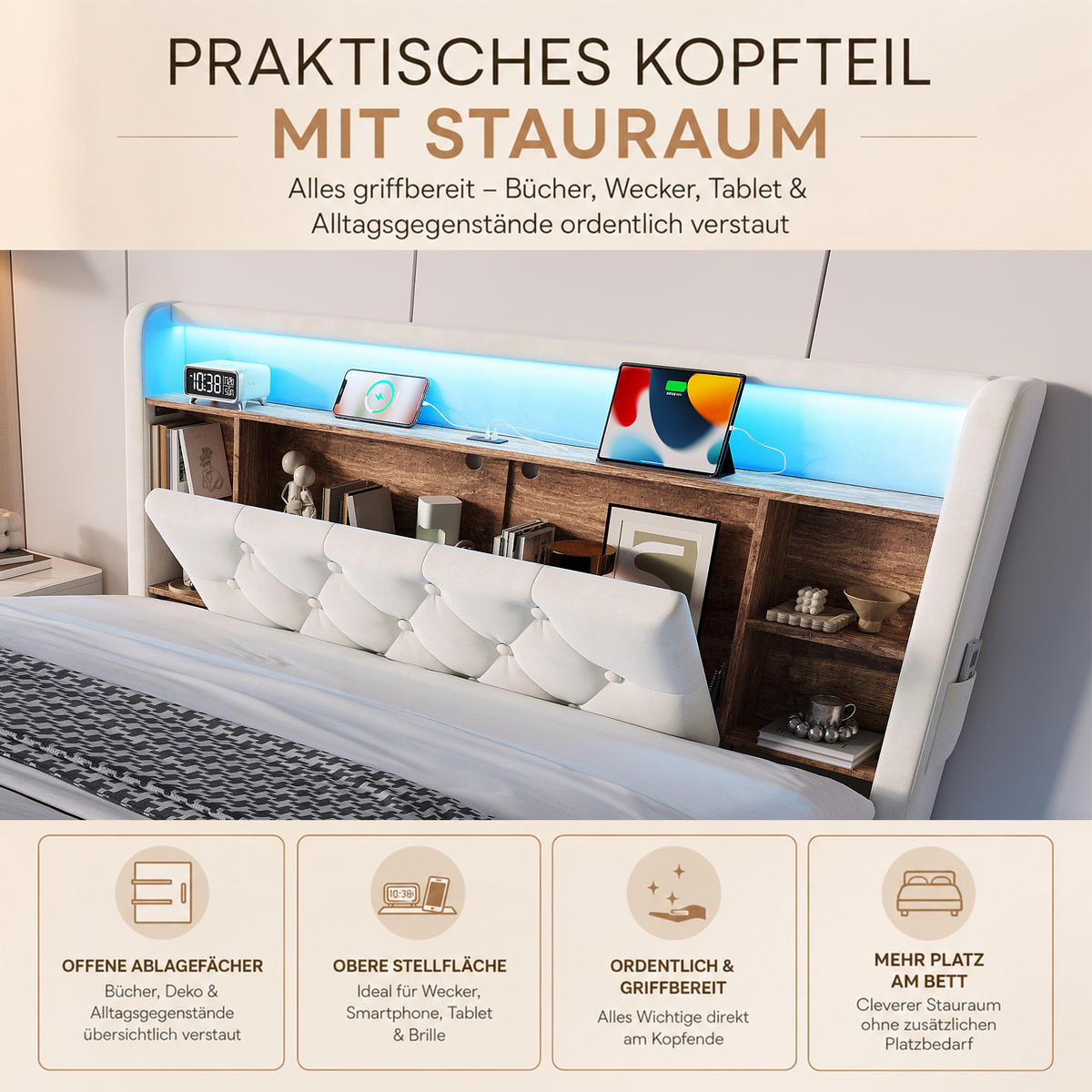 BOXBETT 140/200 mit LED/USB, Kopfteil-Regal & Hydraulik, Samt, Beige - Beige, Holz (140/200cm) - LVHOM