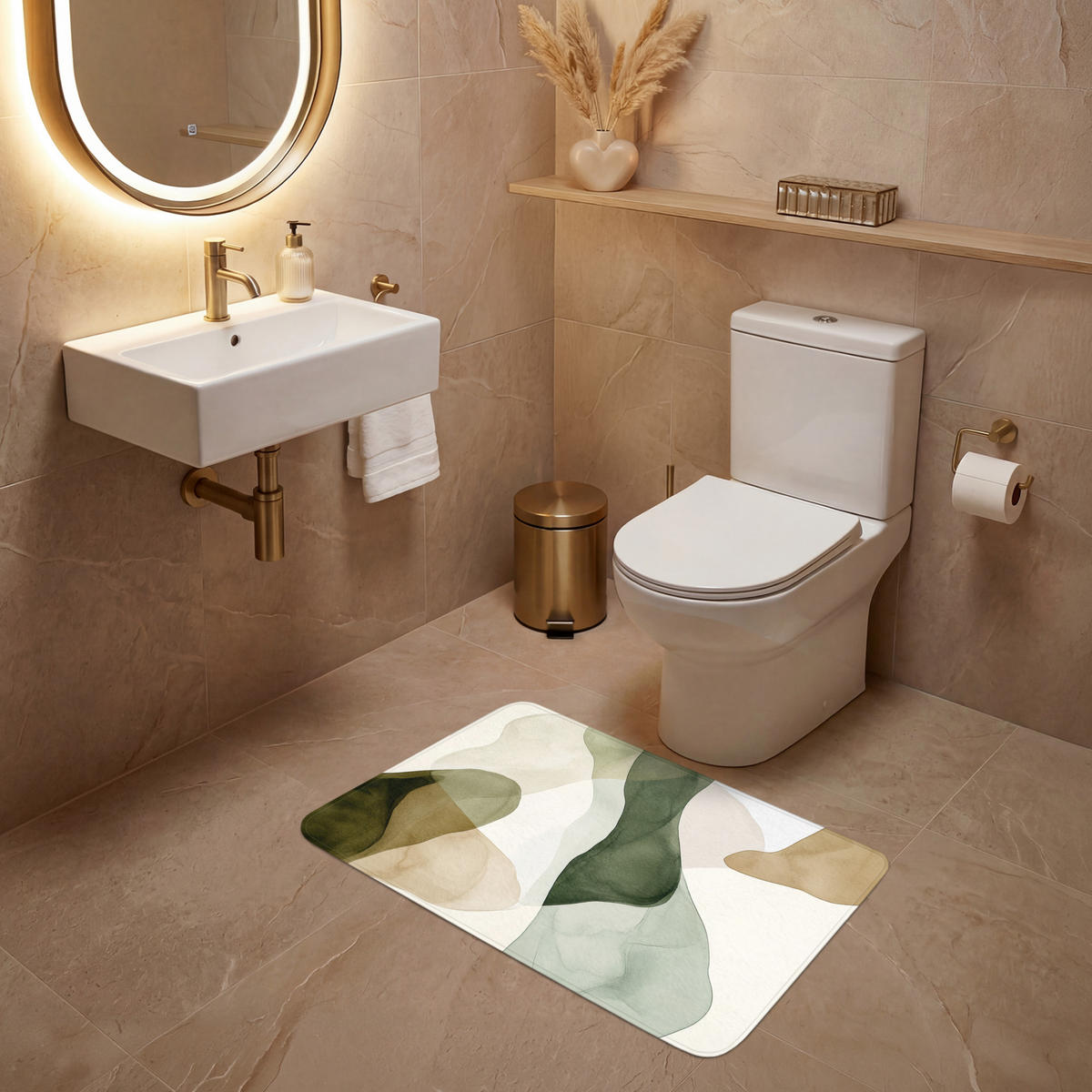 WC-VORLEGER Japandi - Abstrakt - Grün Toilettenteppich 80x50 cm - Grün, Kunststoff/Textil (80/1cm) - OnlyWow