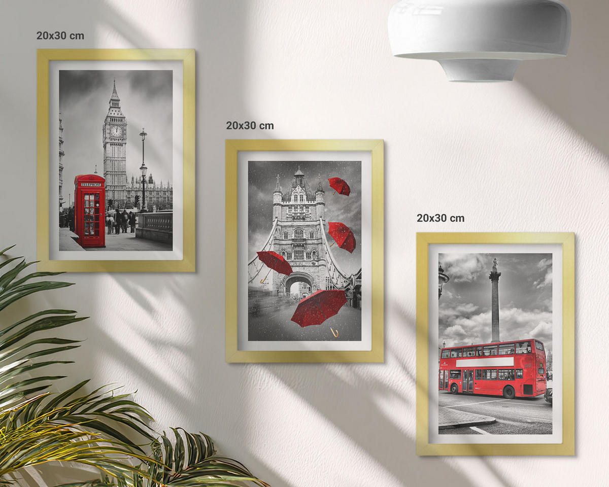 WANDBILDER 3er Set - 20x30 cm Goldrahmen - Roter Regenschirmstand und Londoner Bus - Goldfarben, Kunststoff (20/30cm) - ArtPrintCave