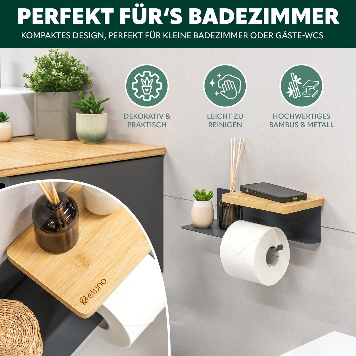 TOILETTENPAPIERHALTER VARAZ mit 2 Ablagen, Metall und Bambus - Grau, Metall (31.5/9.5/13cm) - eluno