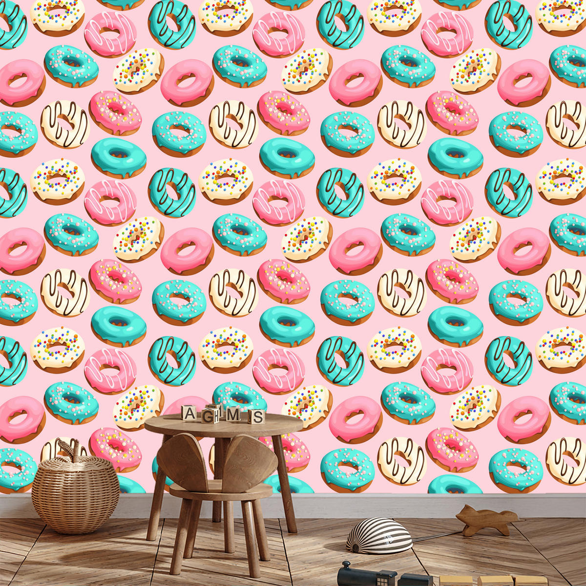 VLIESTAPETE Donuts in 3D-Optik – Rosa, Türkis, Bunt – 50x1000 cm - Türkis/Multicolor, Papier (50/1000cm) - Muralo