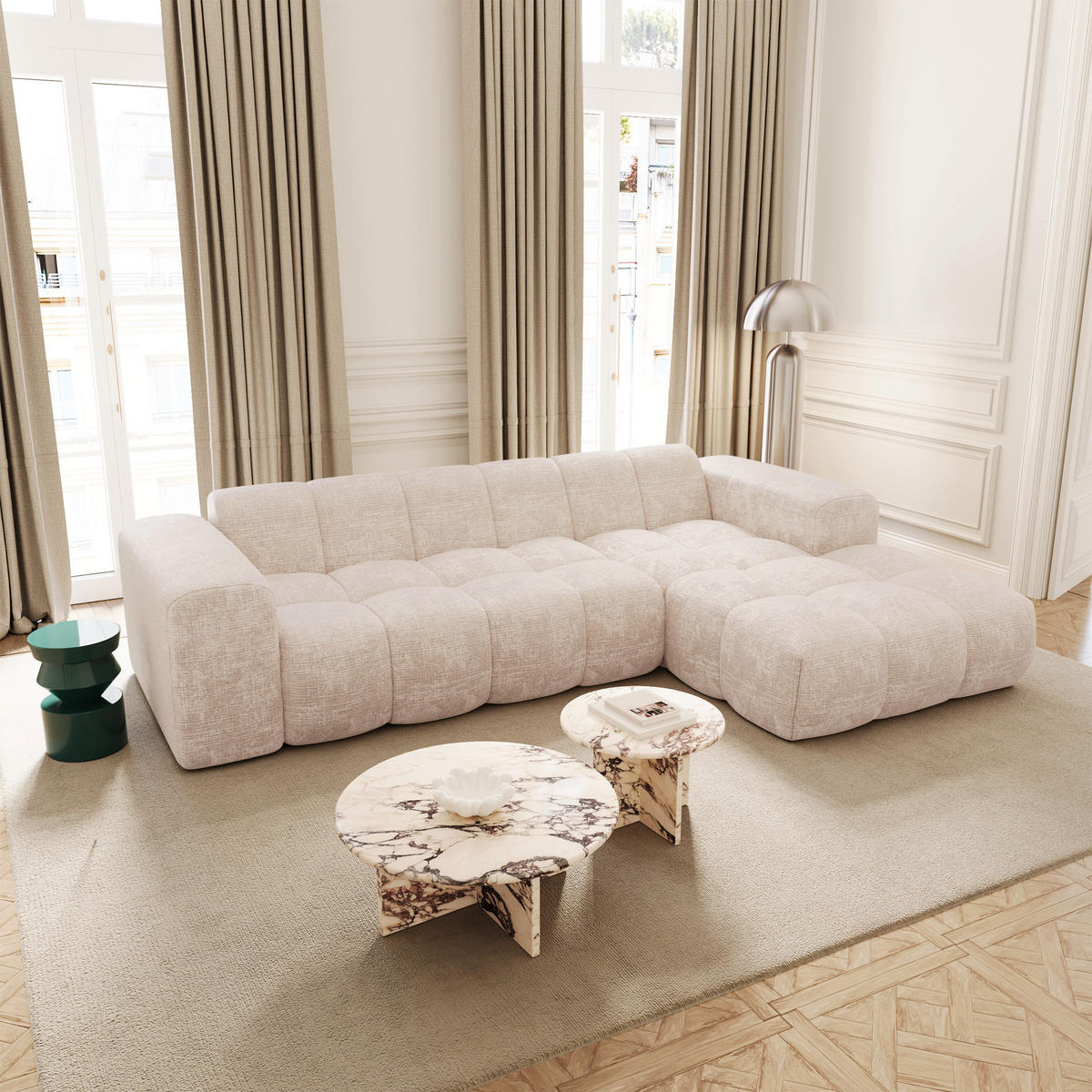 ECKSOFA rechtwinklig BLOOM Geprägter Samt Creme 290cm - Creme, Textil (290/164cm) - Premium Interiors
