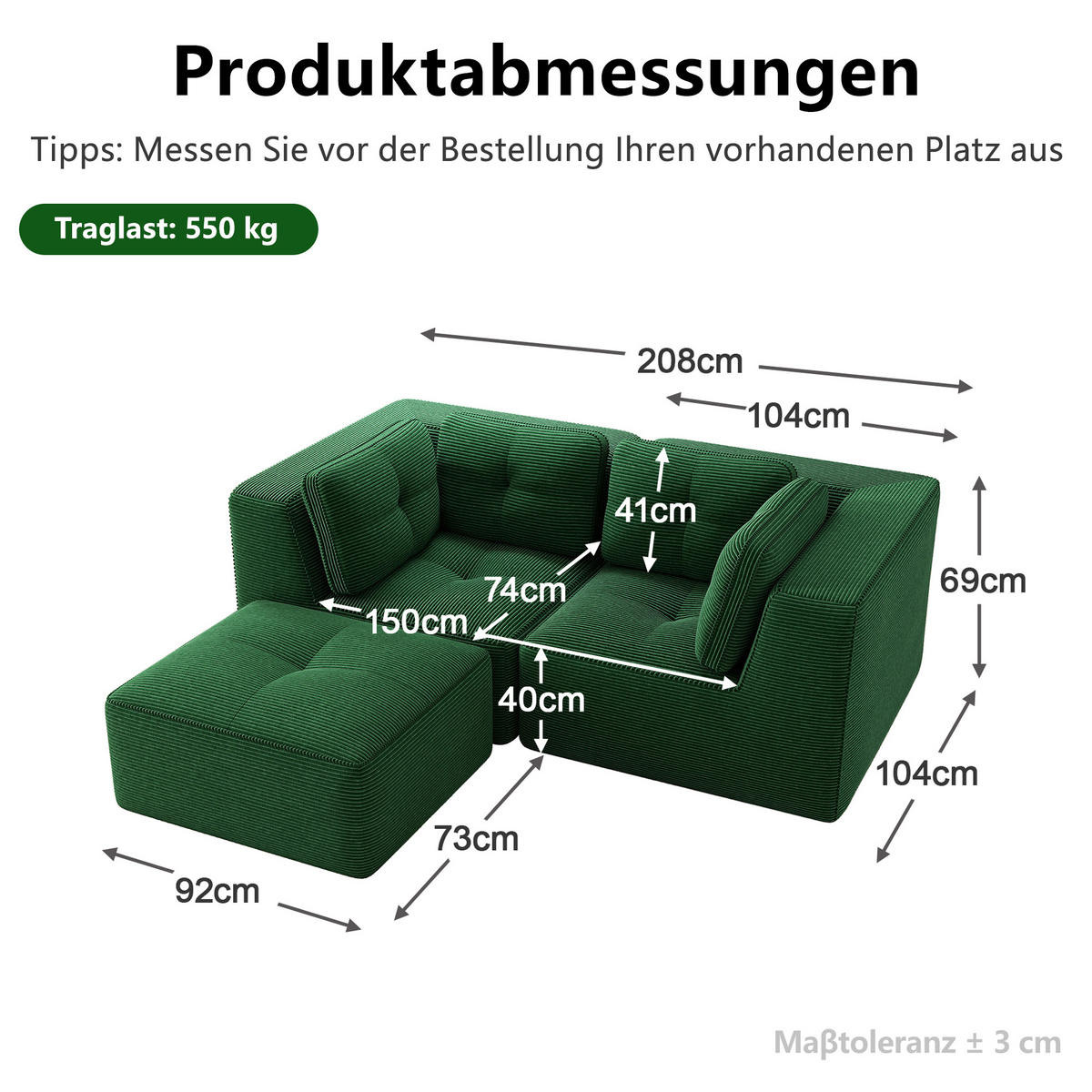 ECKSOFA DE-34220 2-Sitzer mit Fußstütze Grün - Grün, Textil (177/208cm) - ComfortXL