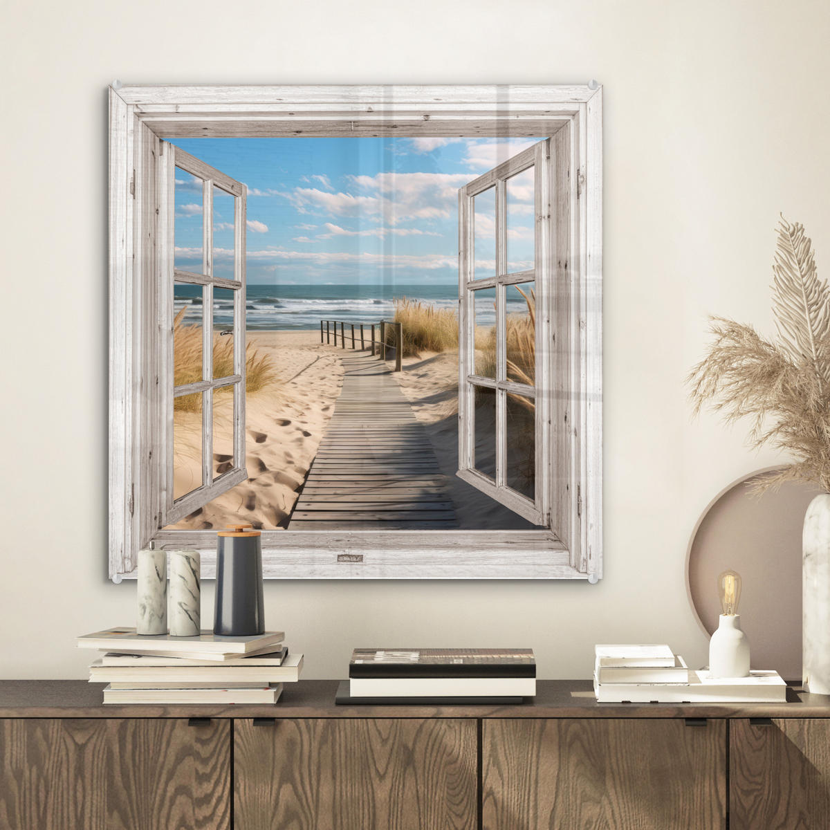 ACRYLGLASBILD Fenster - Meer - Küste - Natur - Ausblick - Strand - Wattenmeer 50x50 cm - Beige, Glas (50/50cm) - MuchoWow