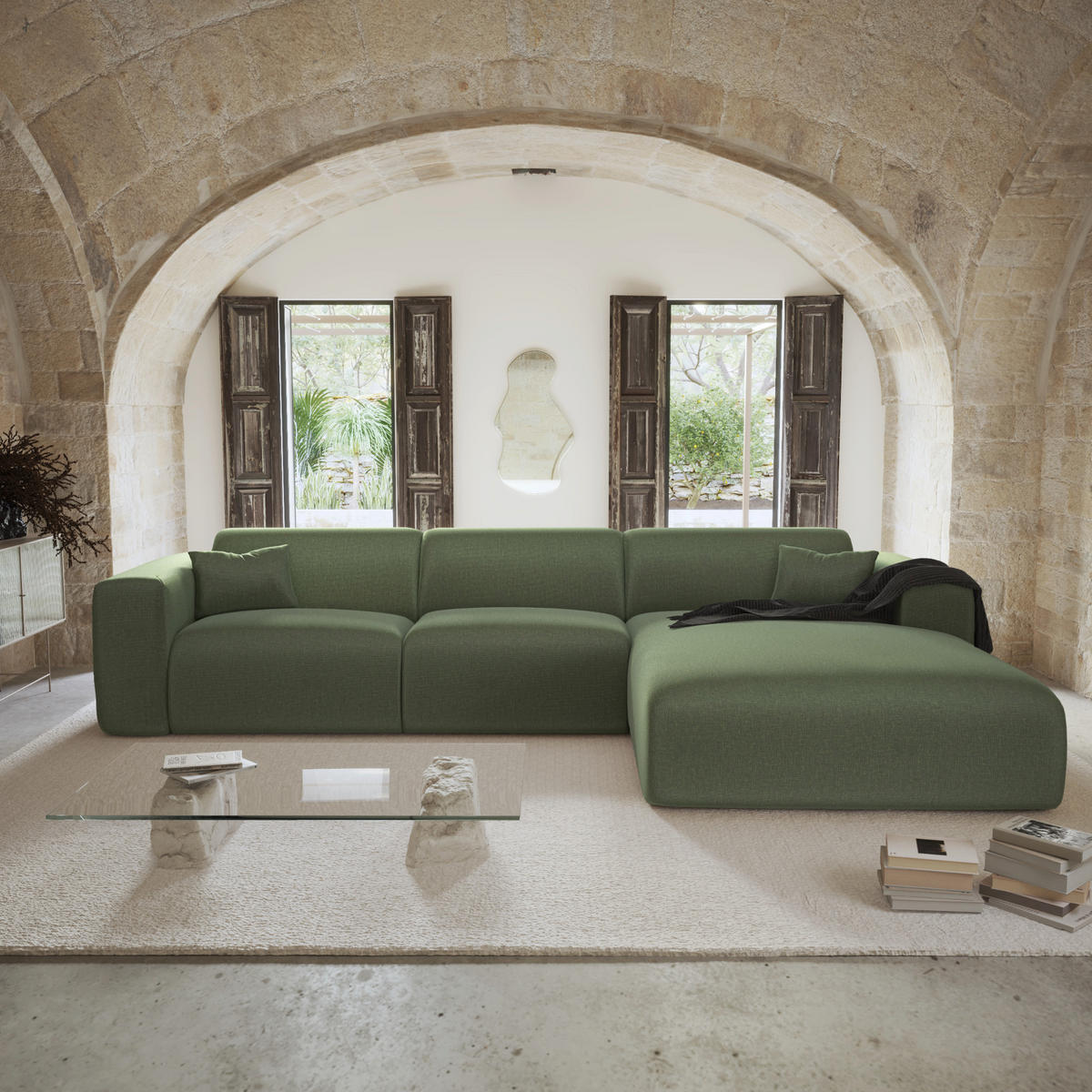 ECKSOFA RECHTS SCHLAFSOFA Rastergewebe Olivgrün 280cm - Olivgrün, Textil (280/165cm) - Sia Home