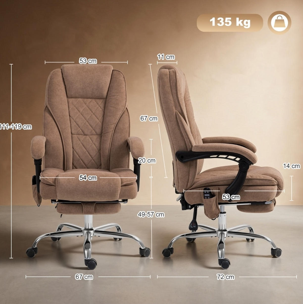 BÜROSTUHL in Braun 67x72x119 cm mit Massagefunktion, Lendenwärme und Fußstütze - Braun, Textil (72/119/67cm) - IVMEU