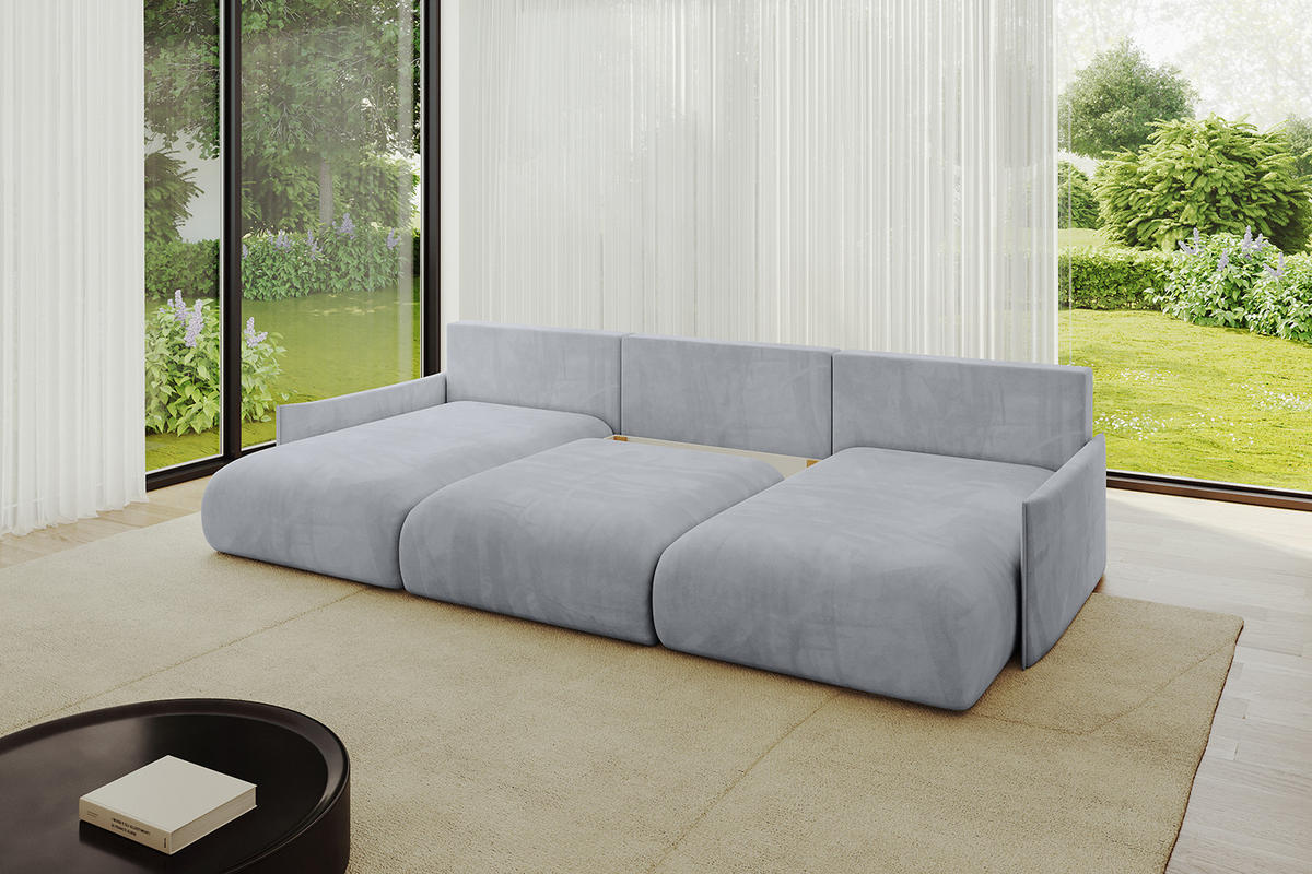 WOHNLANDSCHAFT mit Schlaffunktion und Bettkasten ONESK-U-v1 304x165x40 Hellgrau Velours - Hellgrau, Holzwerkstoff/Kunststoff (304/90/165cm) - ALTDECOR