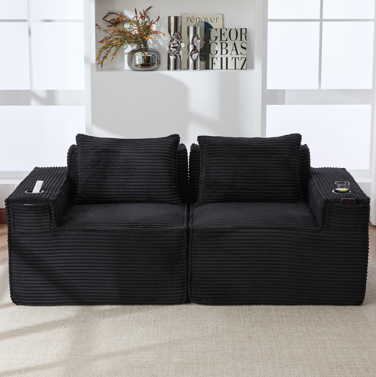 SOFA modularer 2-Sitzer mit Getränkehaltern 188 x 90 x 75 cm Schwarz - Schwarz, Kunststoff (188/75/90cm) - Meubliv